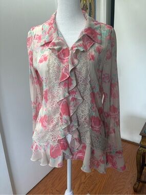 Free People Pink Cream Floral Ruffle Lace Blouse